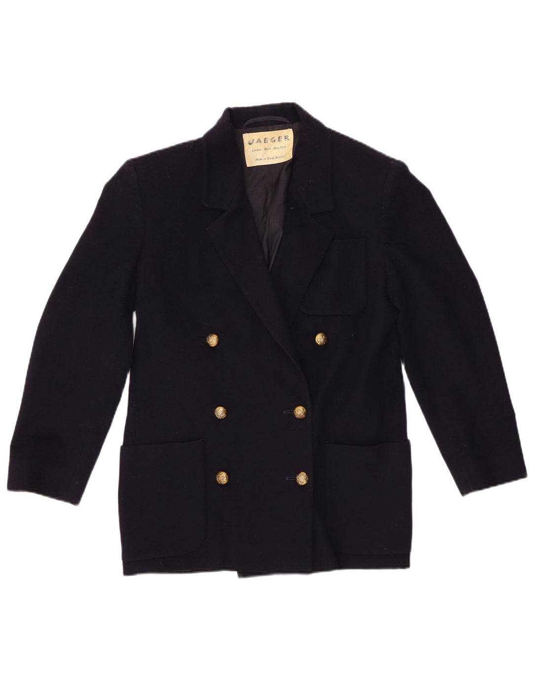 Jaqueta blazer feminina Jaeger com peito duplo UK 6 XS azul marinho nova lã
