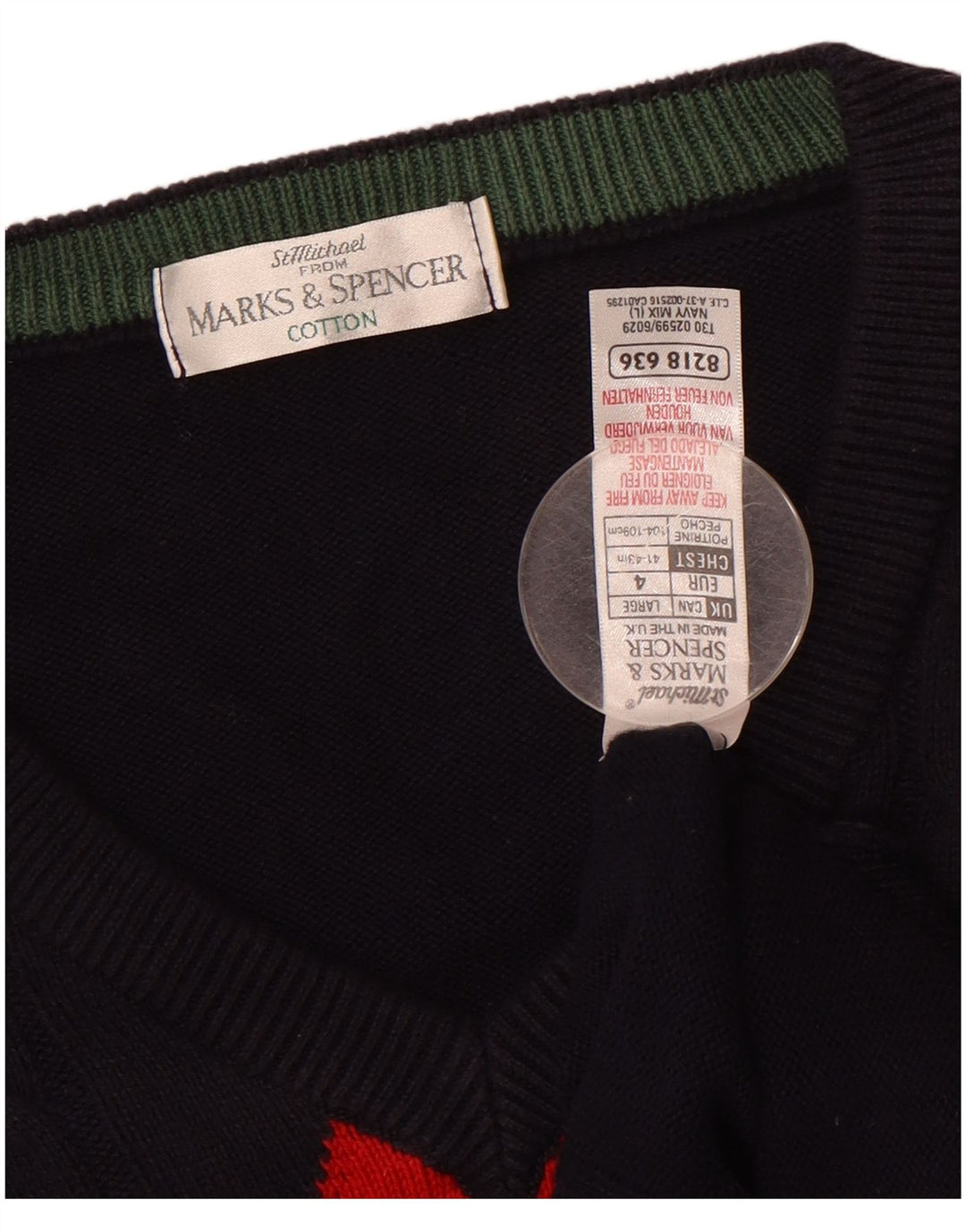 Suéter masculino MARKS & SPENCER com decote em V grande azul marinho Argyle/Diamante