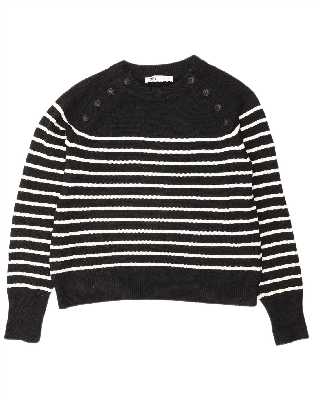 Suéter feminino Zara com gola canoa UK 14 poliéster listrado preto médio