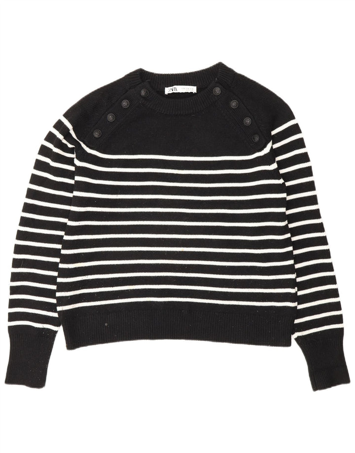 Suéter feminino Zara com gola canoa UK 14 poliéster listrado preto médio