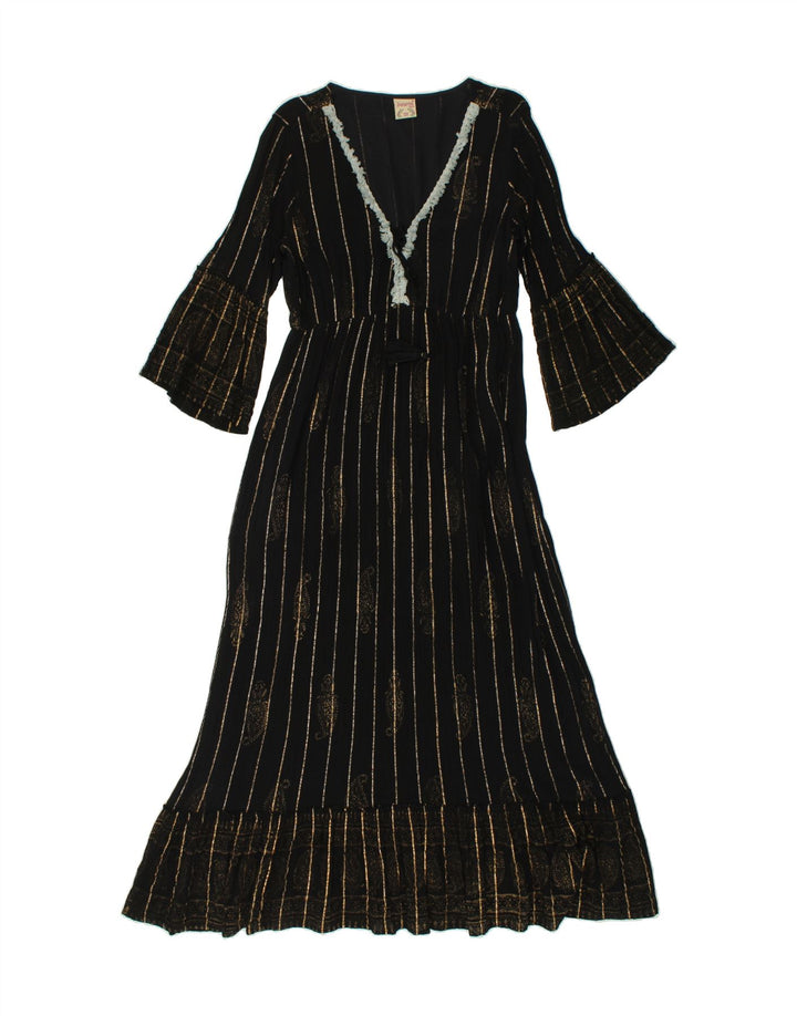 Vestido maxi feminino VINTAGE manga 3/4 tamanho único listrado preto