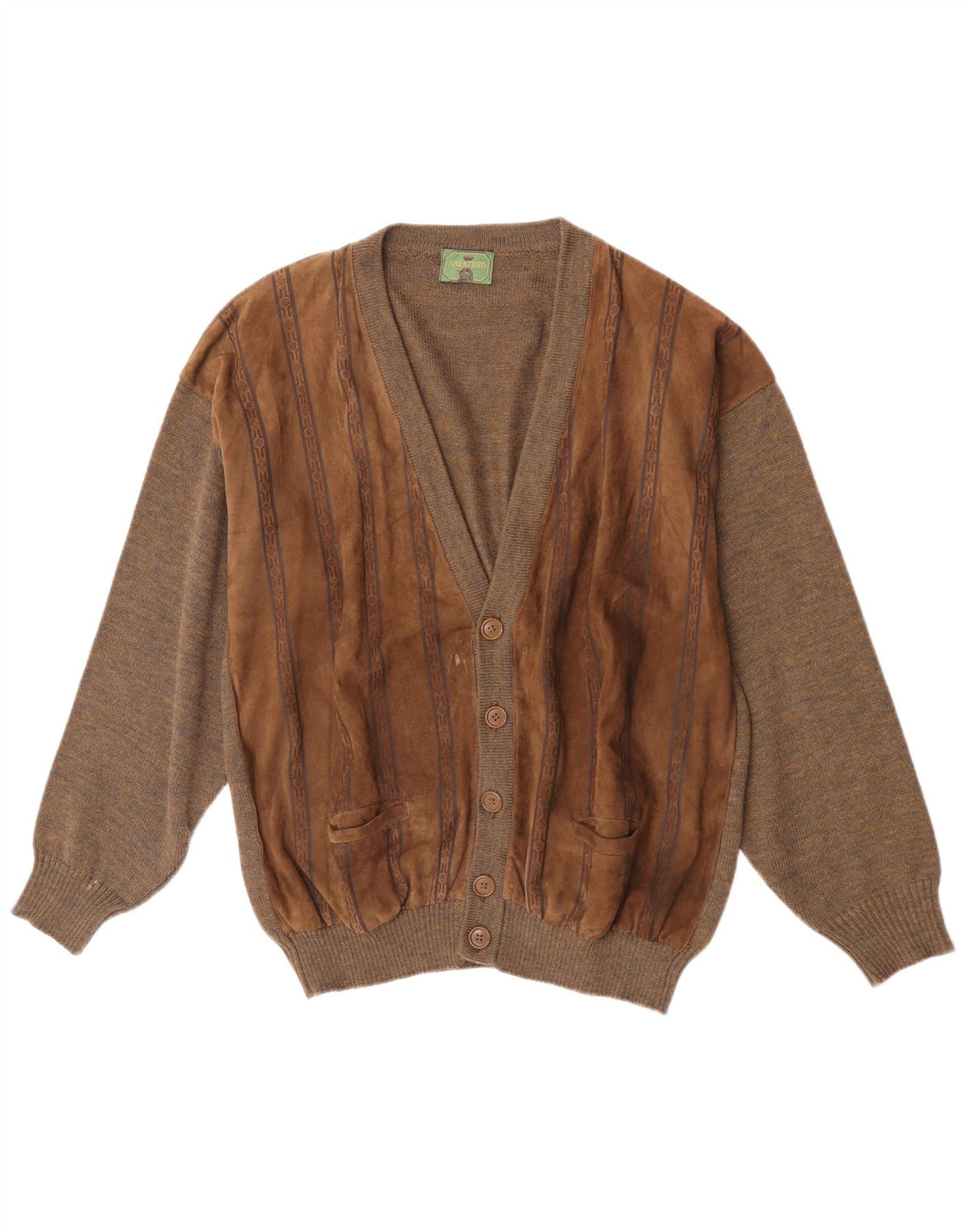 Suéter cardigã de camurça masculino vintage grande lã geométrica marrom