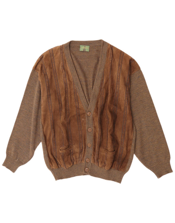 Suéter cardigã de camurça masculino vintage grande lã geométrica marrom