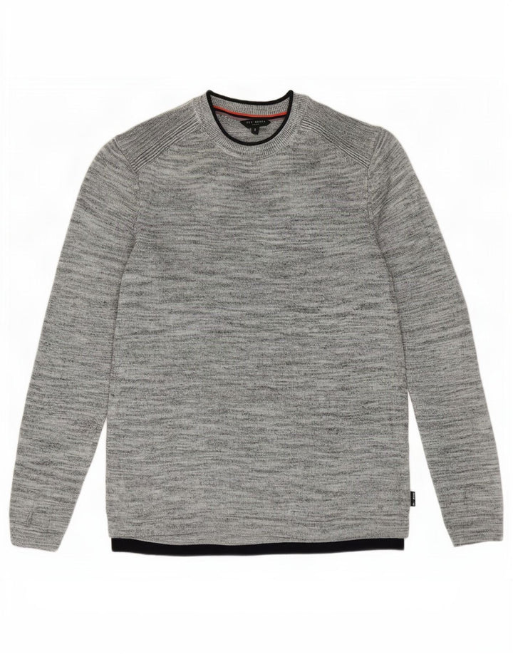 Suéter masculino Ted Baker com gola redonda, tamanho 3, linho manchado cinza médio
