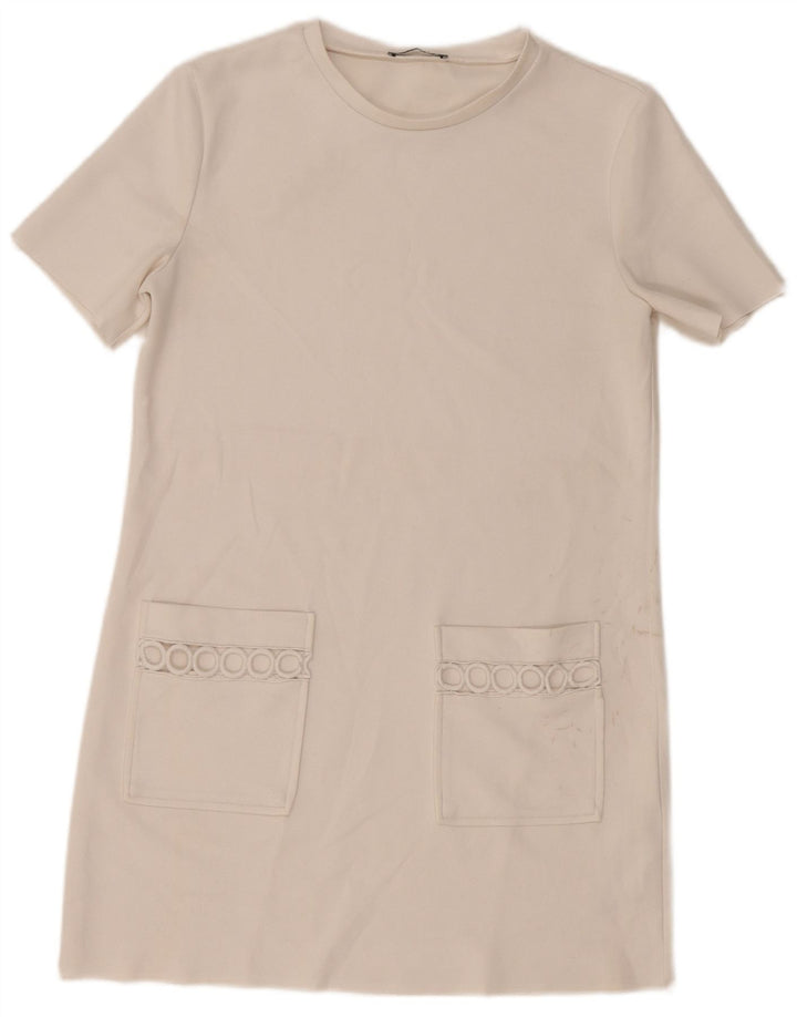 Vestido camiseta feminino geométrico Zara Reino Unido 12 médio branco poliéster