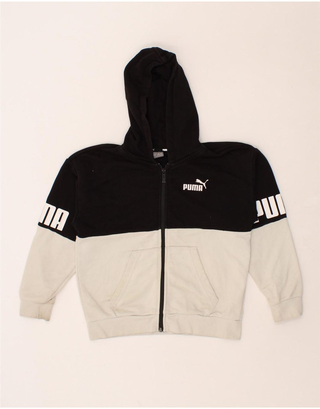 PUMA Boys Graphic Zip Hoodie Sweater 9-10 Years Black Colourblock Cotton Vintage Puma and Second-Hand Puma from Messina Hembry 