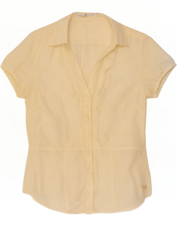 Camisa feminina Tommy Hilfiger de manga curta com babados na frente EUA 8 médio amarelo
