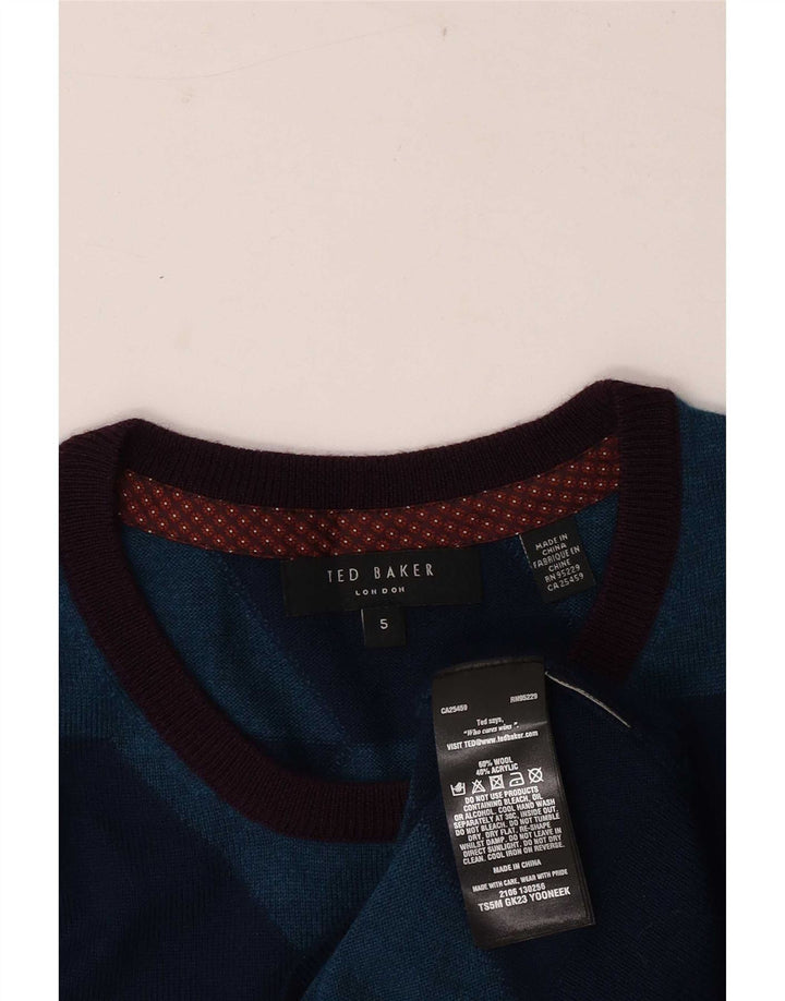 Suéter masculino Ted Baker com gola redonda tamanho 5 XL lã geométrica azul