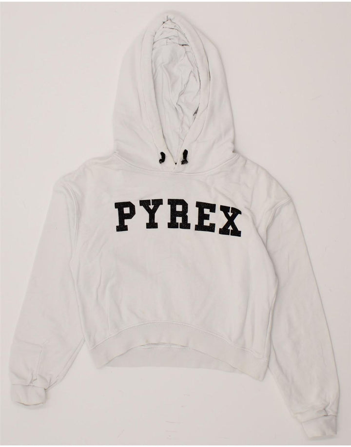 PYREX Girls Crop Graphic Hoodie Jumper 10-11 Years XL  White Cotton Vintage Pyrex and Second-Hand Pyrex from Messina Hembry 