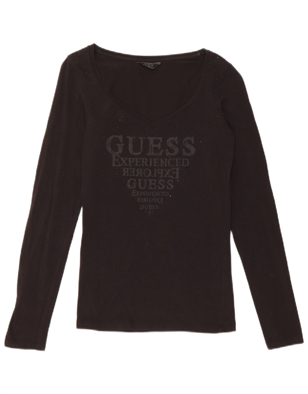 Guess Top gráfico feminino manga comprida Reino Unido 8 pequeno algodão preto