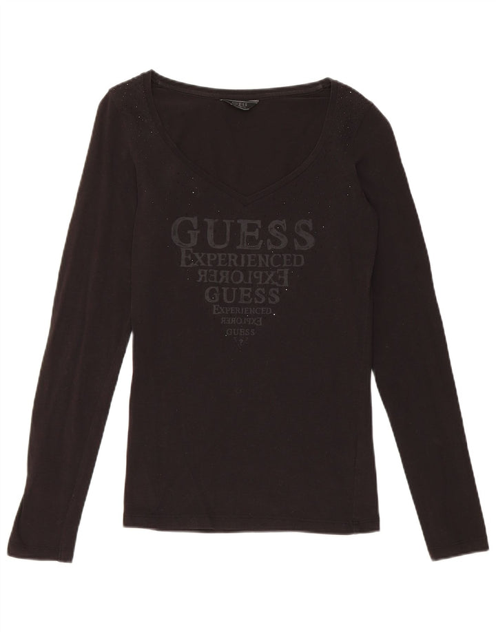 Guess Top gráfico feminino manga comprida Reino Unido 8 pequeno algodão preto