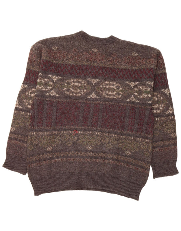 Suéter vintage masculino com gola redonda, grande lã Fair Isle cinza
