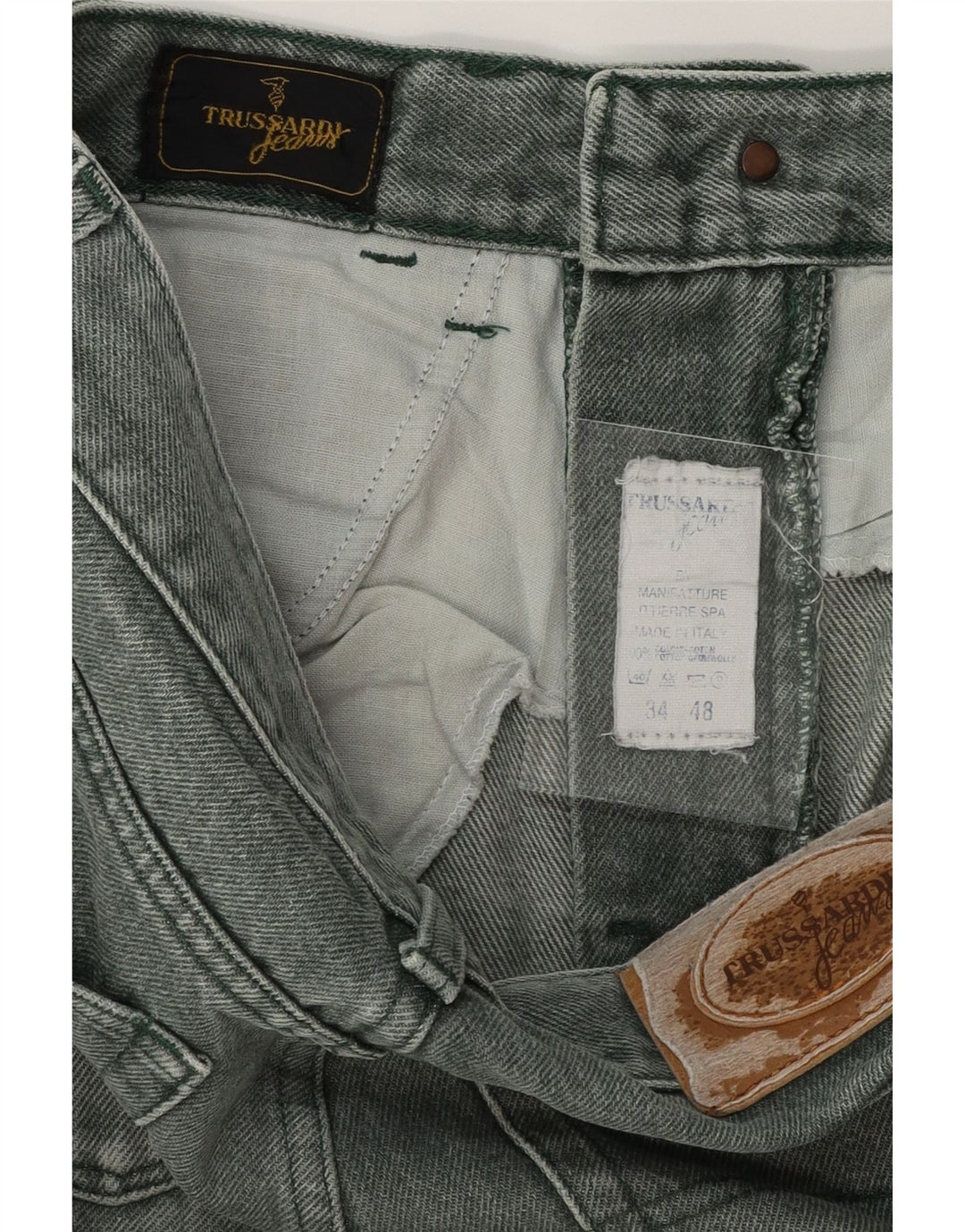 TRUSSARDI Womens Tapered Jeans W34 L30 Green Cotton Vintage Trussardi and Second-Hand Trussardi from Messina Hembry 