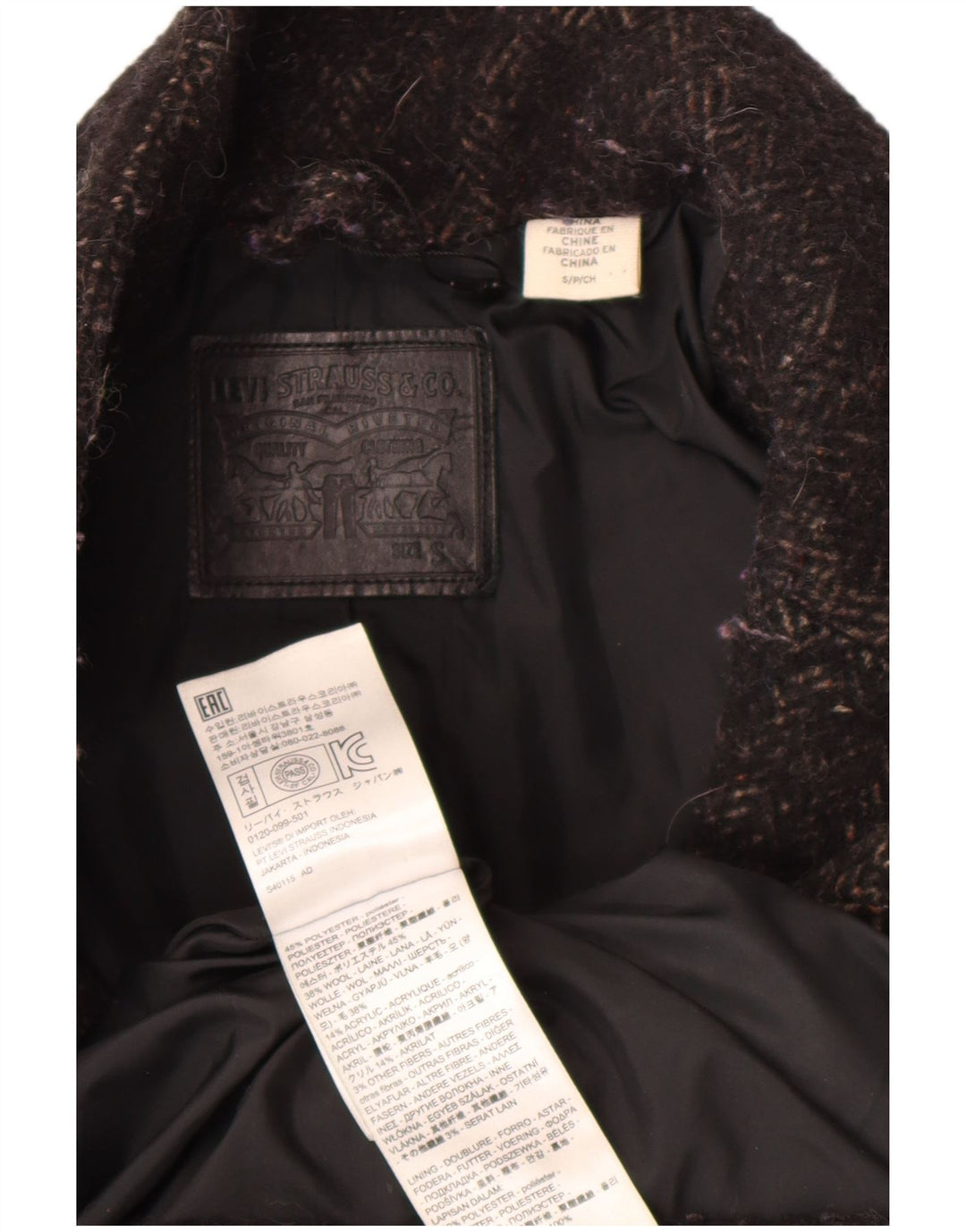 Sobretudo oversized feminino Levi's UK 10 pequeno poliéster espinha de peixe preto