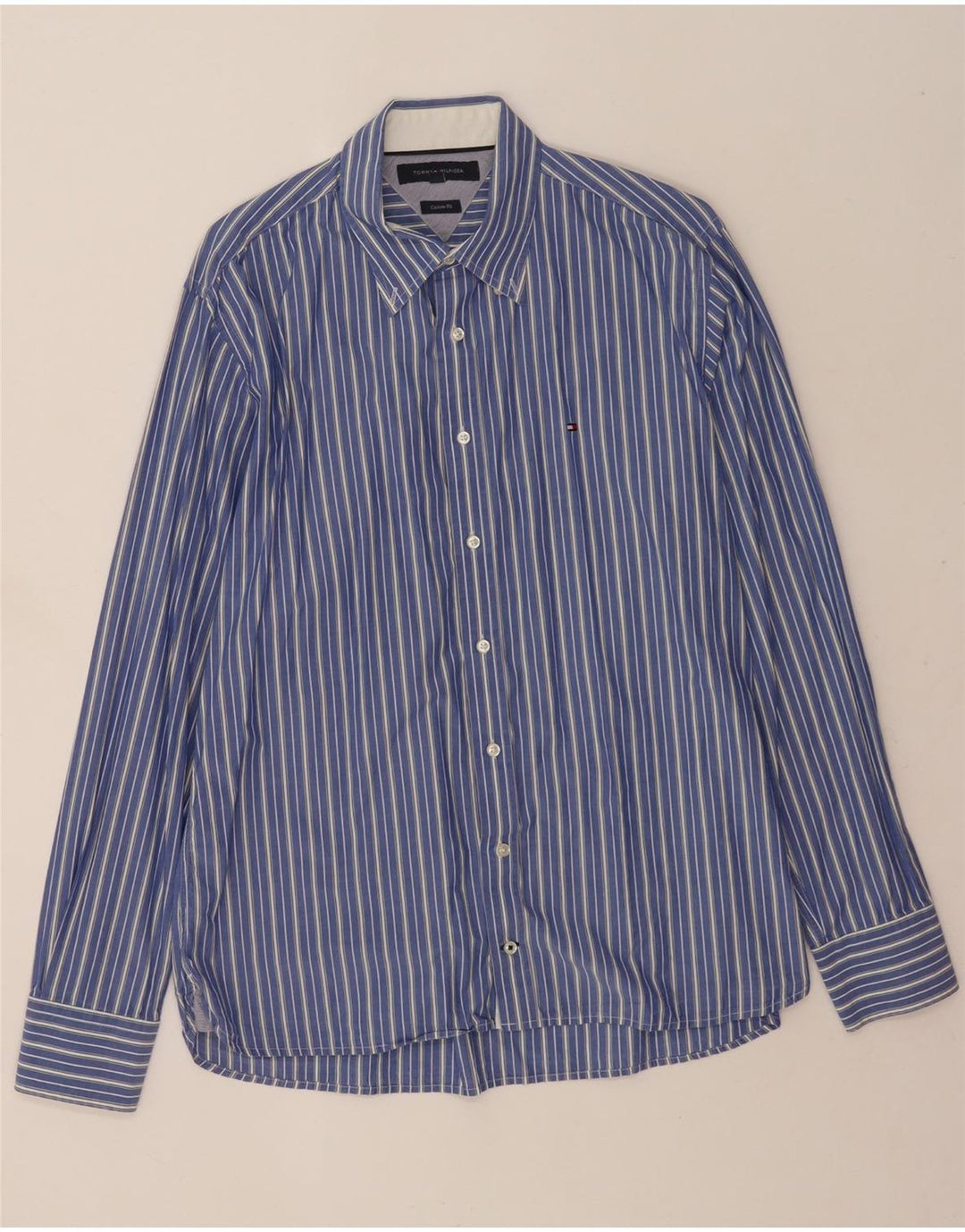 Camisa masculina Tommy Hilfiger Custom Fit grande algodão listrado azul