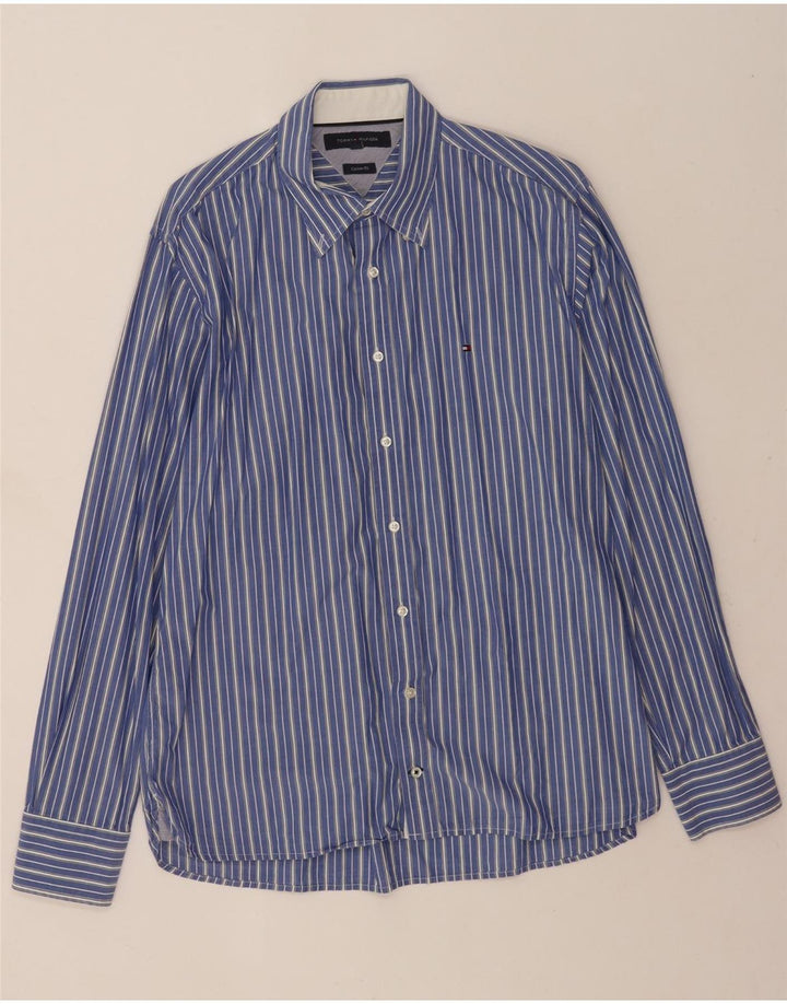 Camisa masculina Tommy Hilfiger Custom Fit grande algodão listrado azul