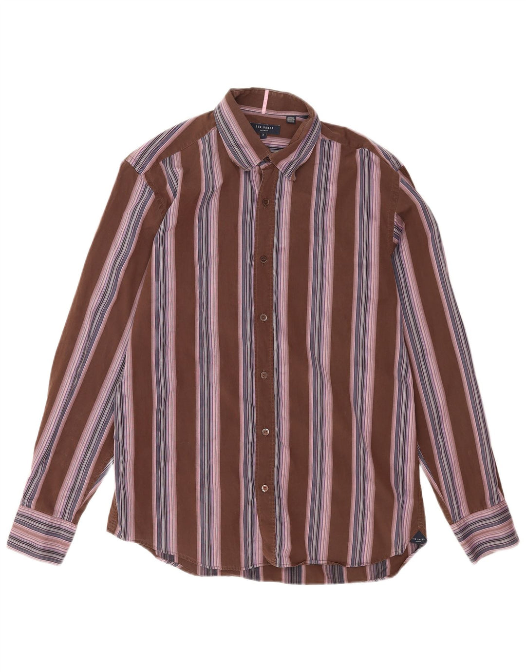 Camisa masculina Ted Baker tamanho 3 algodão listrado marrom médio