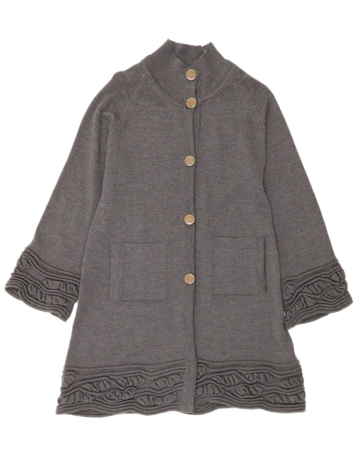 Suéter cardigã feminino longline Reino Unido 14 lã virgem cinza médio