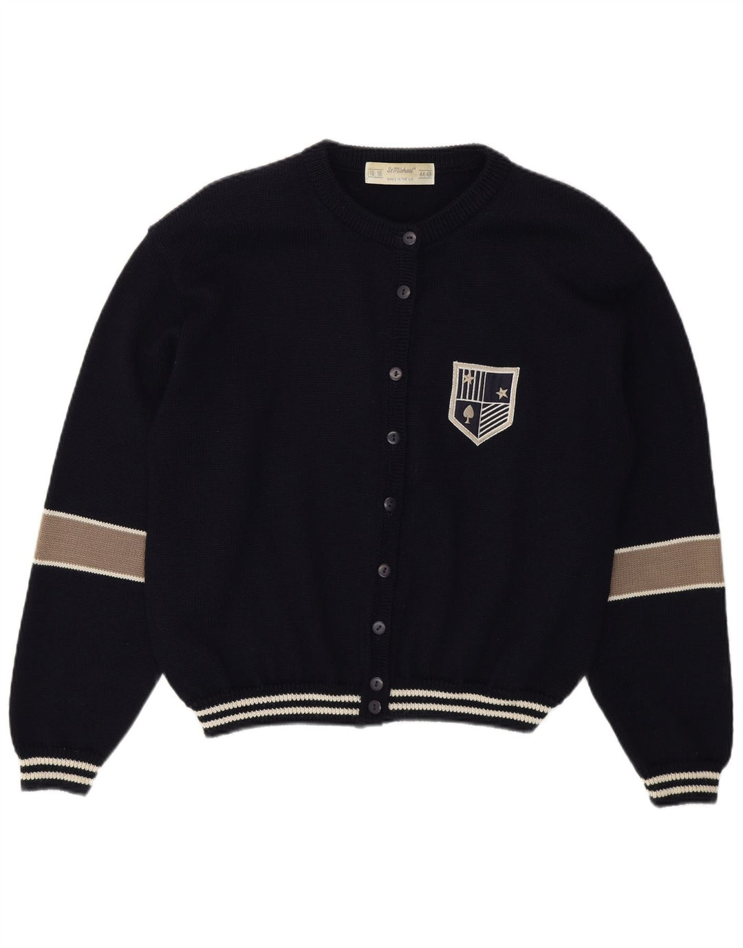 Suéter cardigã feminino St Michael Reino Unido 16/18 grande bloco colorido azul marinho