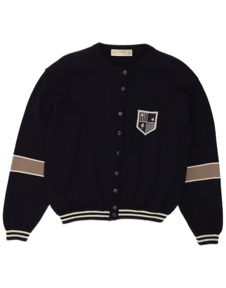 Suéter cardigã feminino St Michael Reino Unido 16/18 grande bloco colorido azul marinho