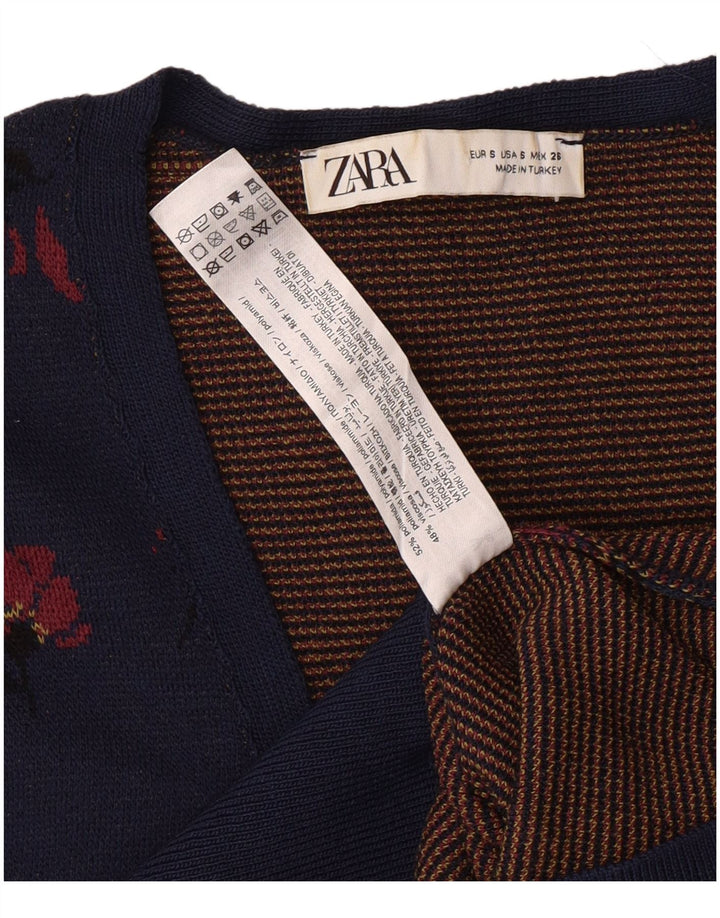 Suéter cardigã feminino ZARA Reino Unido 10 pequeno azul marinho floral poliamida