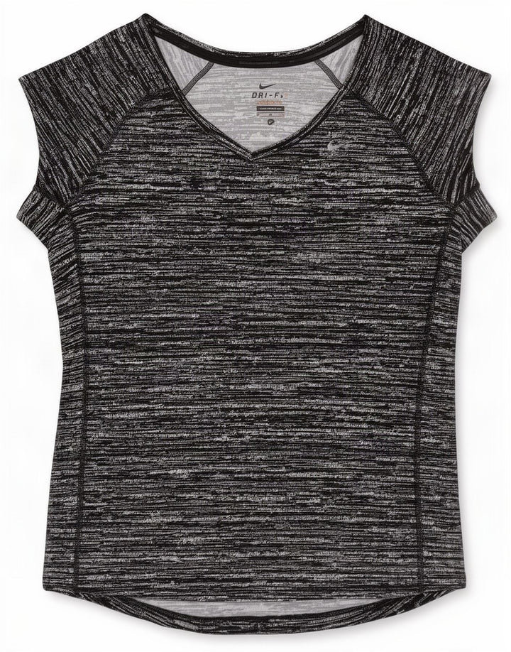 Camiseta feminina Nike Dri Fit UK 12 poliéster manchado preto médio