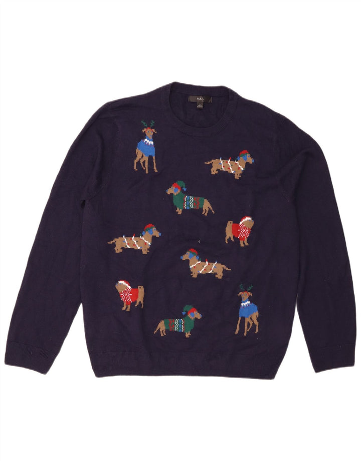 Suéter masculino Marks & Spencer com gola redonda grande azul marinho Fair Isle