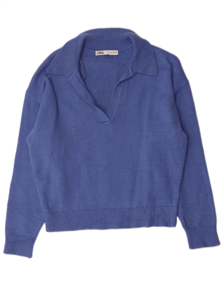 Suéter feminino Zara com gola polo e viscose azul médio UK 14