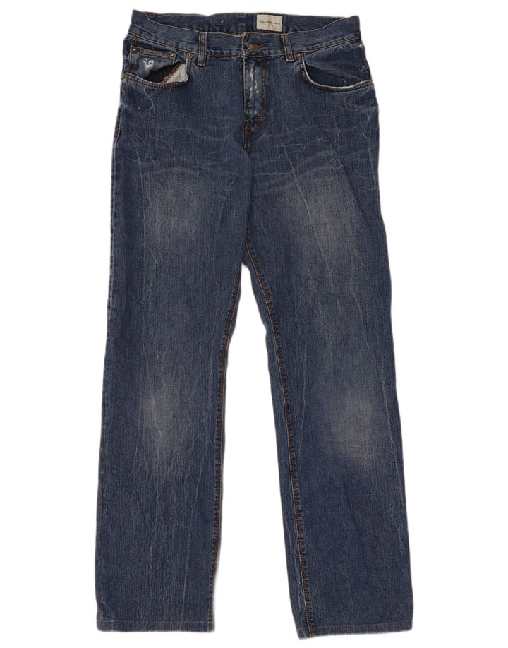Calça jeans reta masculina Calvin Klein desgastada W34 L31 algodão azul