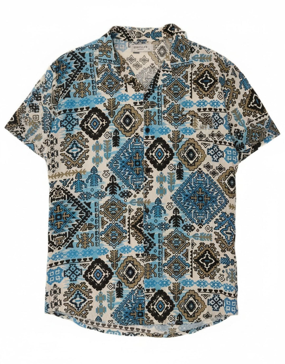 Camisa masculina vintage de manga curta grande azul Ikat Rayon