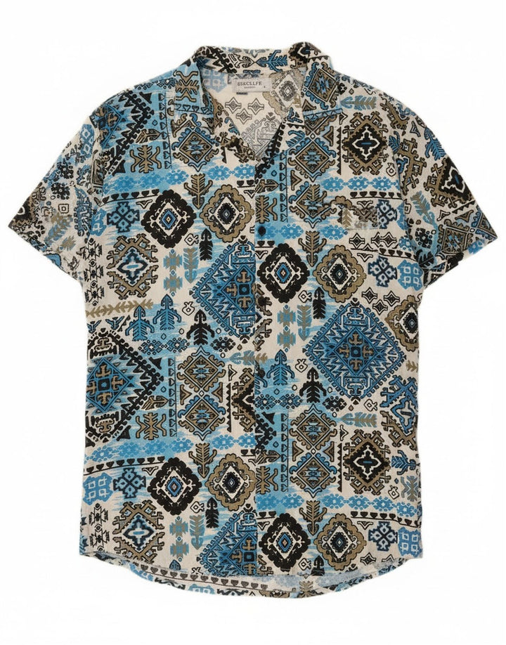Camisa masculina vintage de manga curta grande azul Ikat Rayon