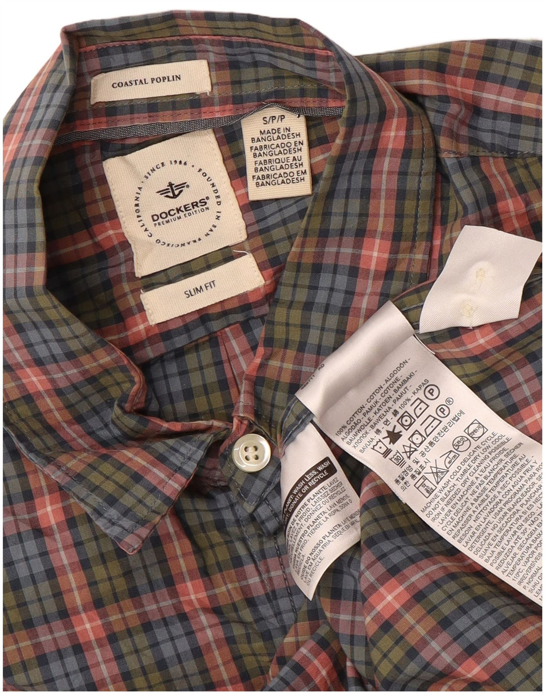 DOCKERS Camisa masculina slim fit pequena de algodão xadrez multicolorido