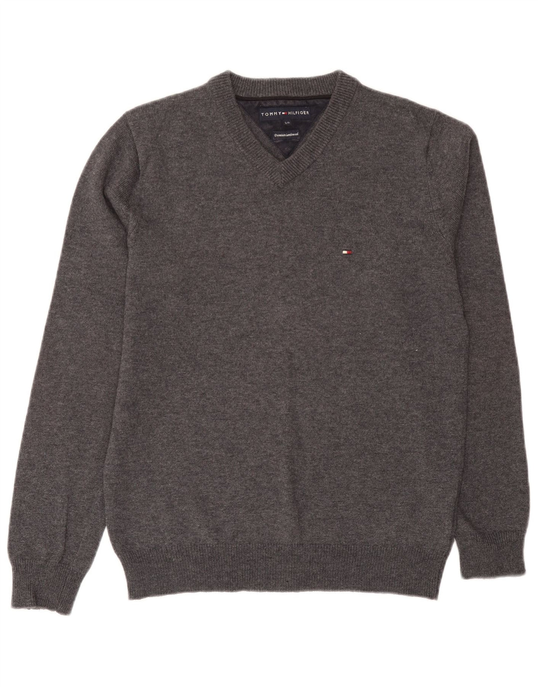 Suéter masculino Tommy Hilfiger com decote em V, lã de cordeiro cinza pequena