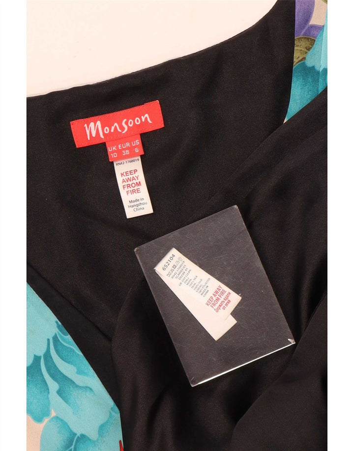 Vestido império feminino sem mangas Monsoon Reino Unido 10 pequenos retalhos multicoloridos