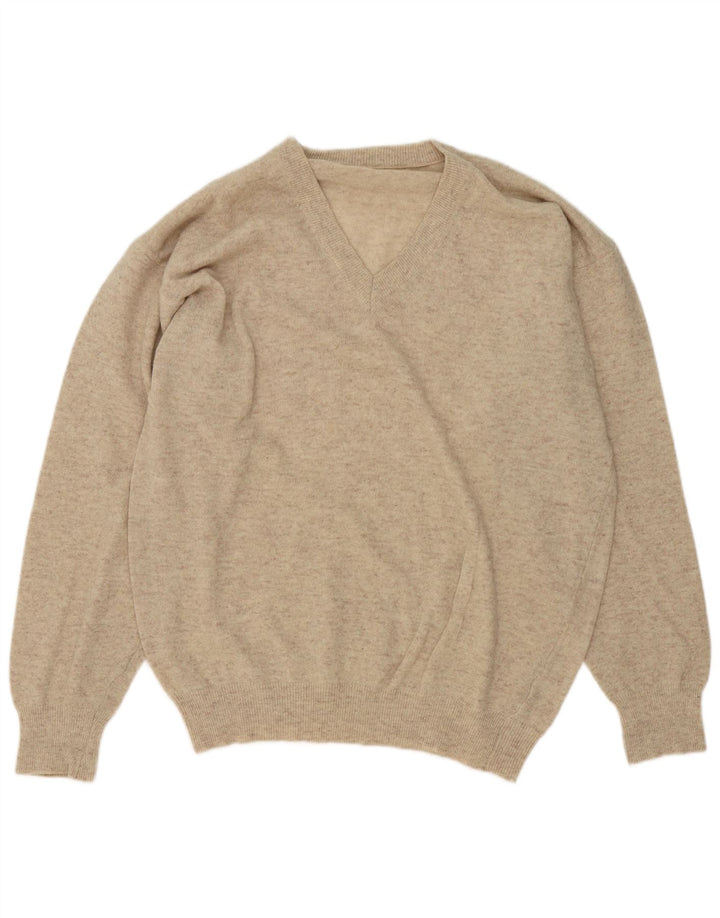 Suéter masculino vintage com decote em V grande lã manchada bege