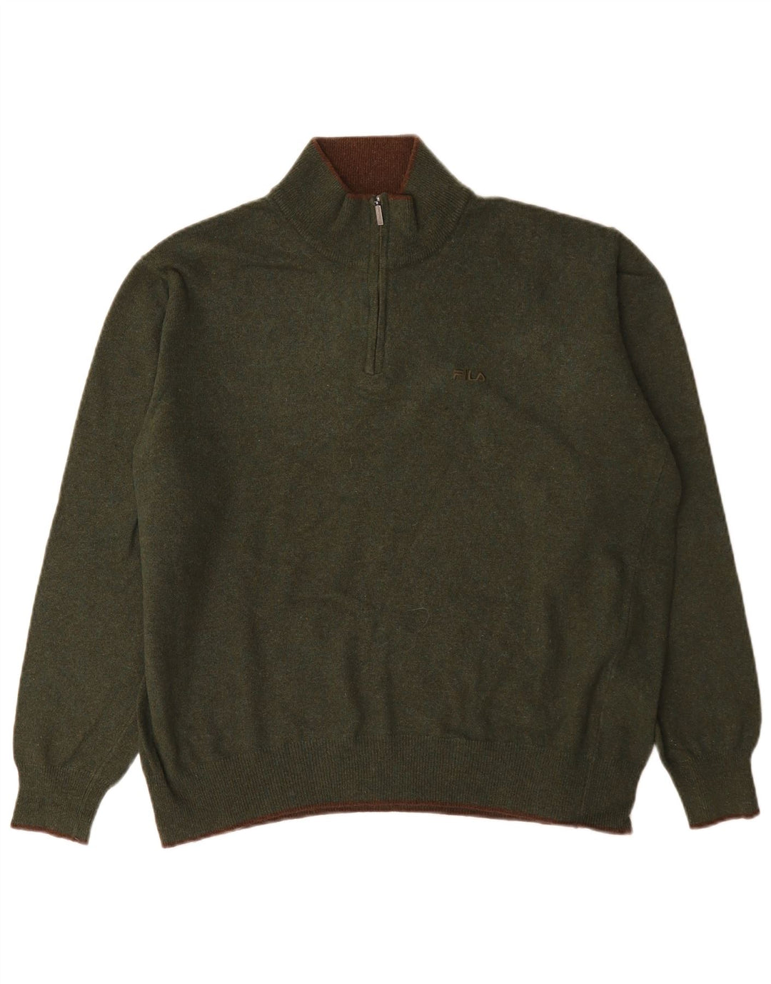 Suéter masculino Fila com zíper e gola alta de lã verde grande