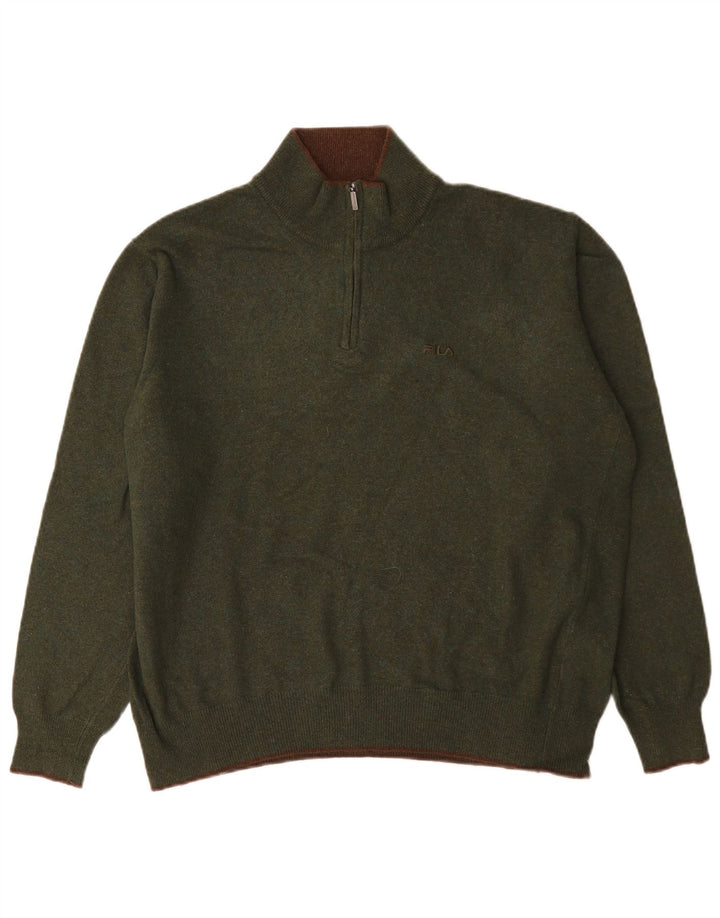 Suéter masculino Fila com zíper e gola alta de lã verde grande