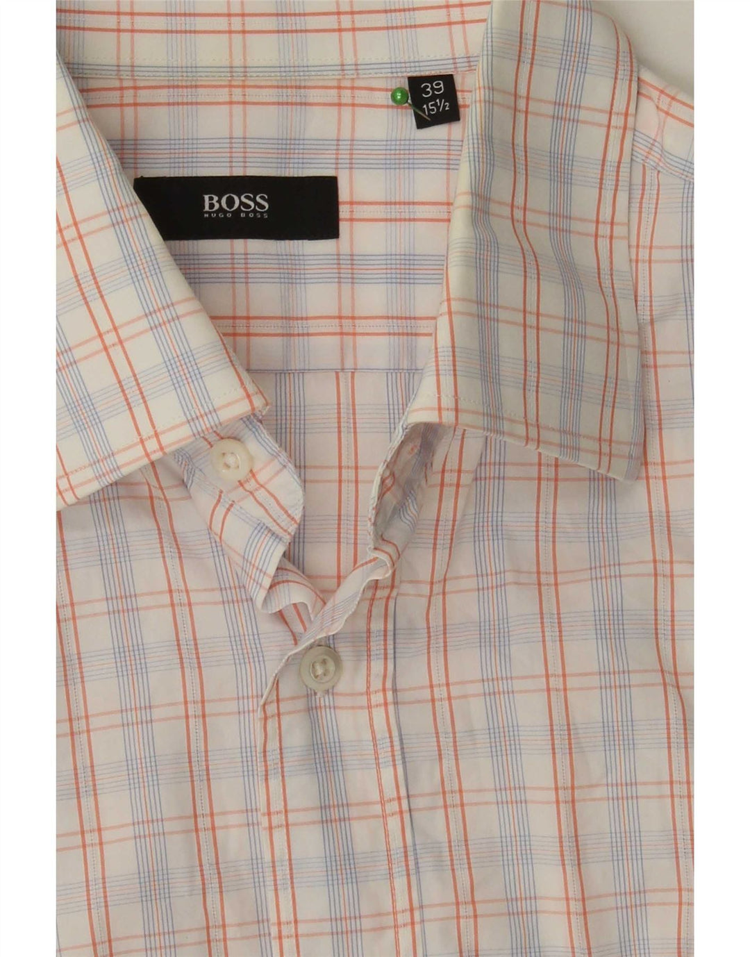 Camisa masculina de manga curta Hugo Boss tamanho 39 15 1/2 algodão xadrez branco médio