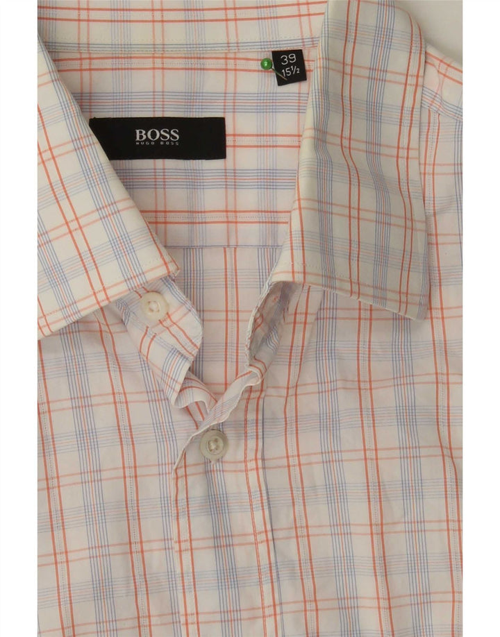 Camisa masculina de manga curta Hugo Boss tamanho 39 15 1/2 algodão xadrez branco médio