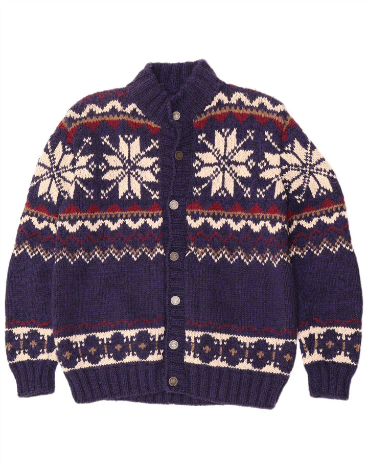 Suéter cardigã masculino vintage médio azul Fair Isle