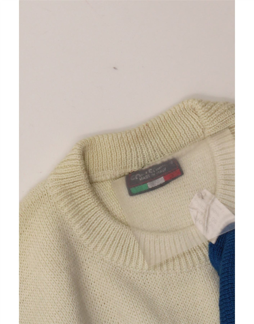 Suéter vintage masculino com gola redonda, grande lã colorblock azul