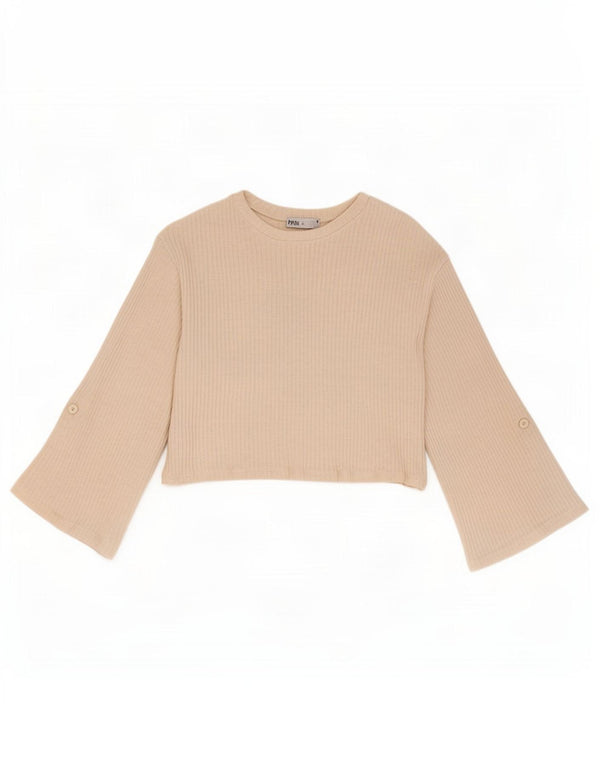 Zara Top curto feminino manga 3/4 Reino Unido 14 algodão bege médio