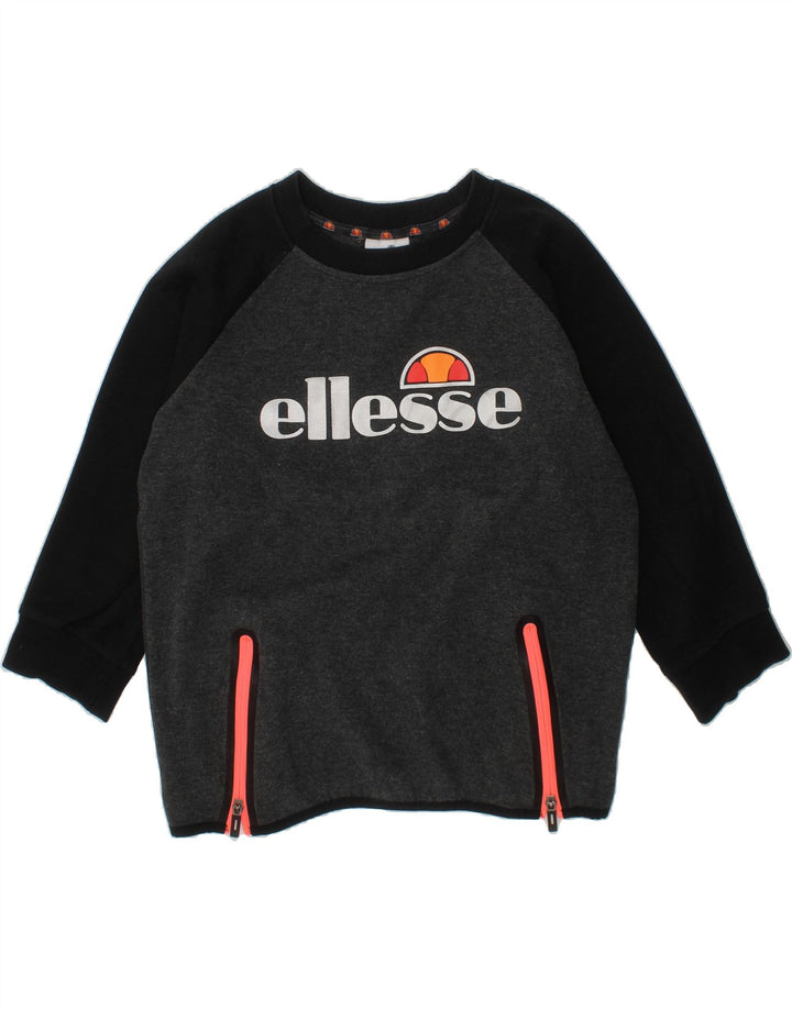 ELLESSE Girls Graphic Sweatshirt Jumper 9-10 Years Grey Colourblock Cotton Vintage Ellesse and Second-Hand Ellesse from Messina Hembry 