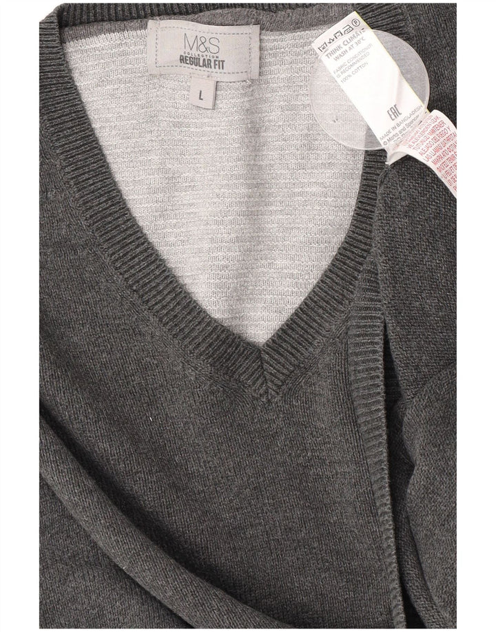 Suéter masculino Marks & Spencer com ajuste regular e decote em V, grande algodão cinza