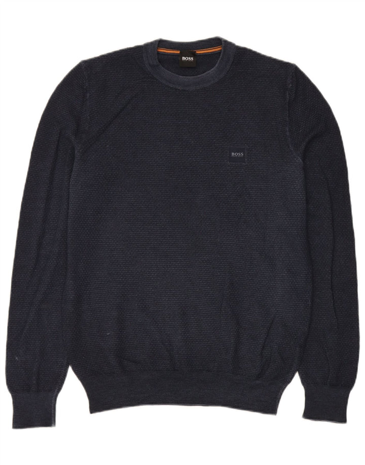 Suéter masculino Hugo Boss com gola redonda, lã virgem azul marinho médio
