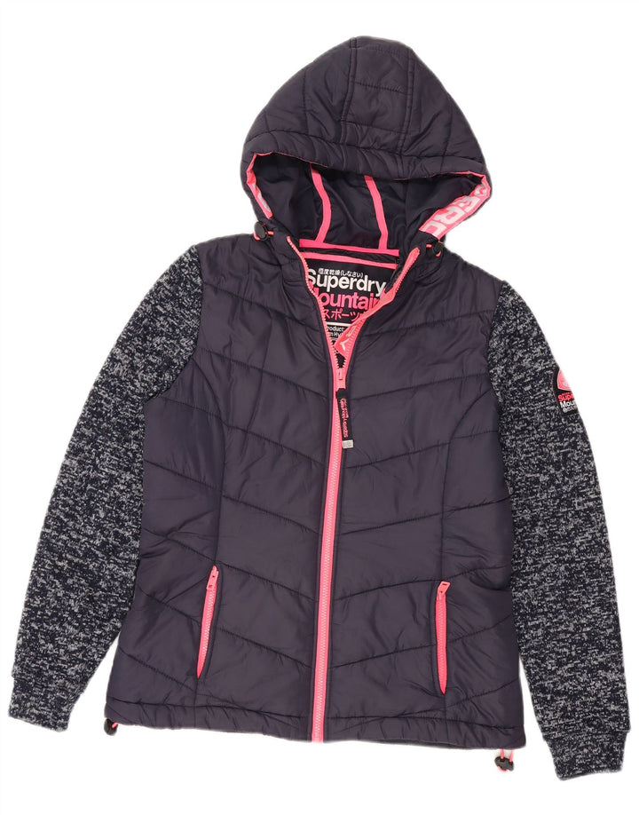 Jaqueta acolchoada com capuz feminina Superdry UK 12 médio azul marinho manchado