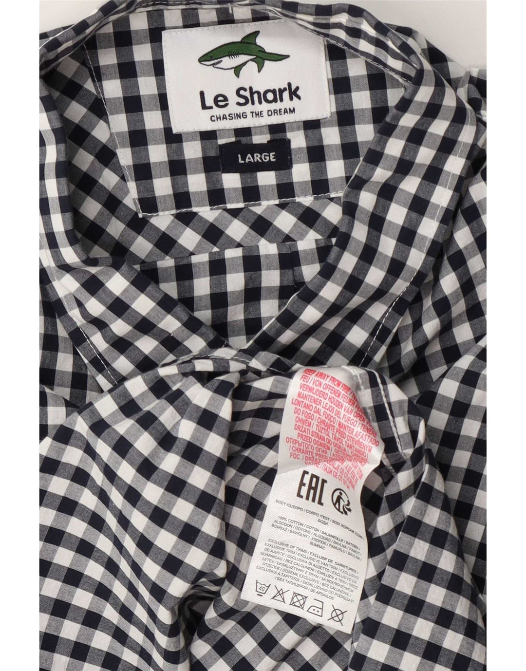 Le Shark Camisa masculina de manga curta grande algodão guingão azul marinho