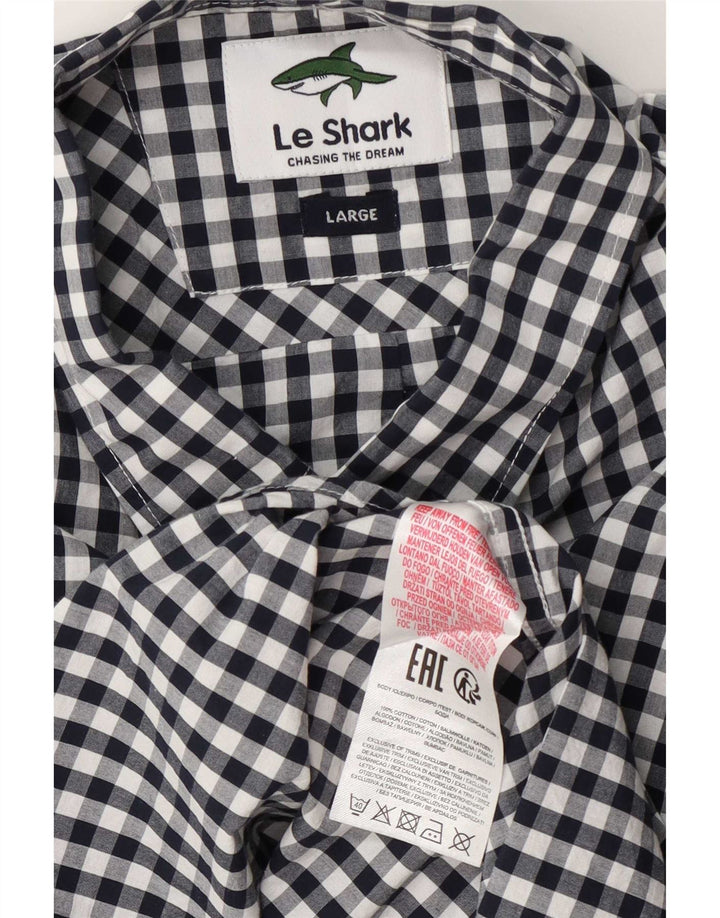 Le Shark Camisa masculina de manga curta grande algodão guingão azul marinho