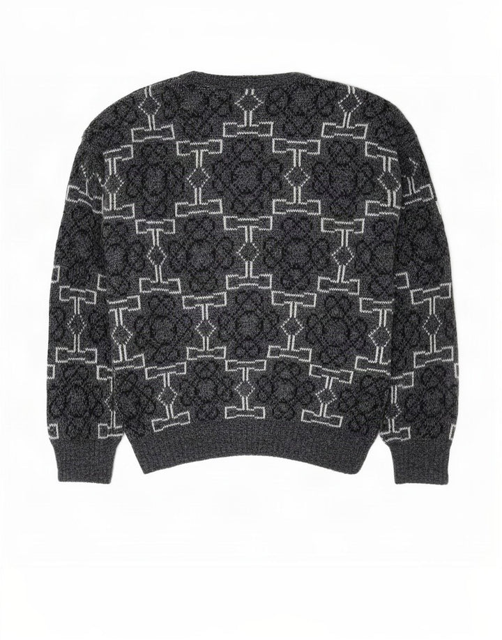 Suéter vintage masculino com gola redonda cinza médio geométrico