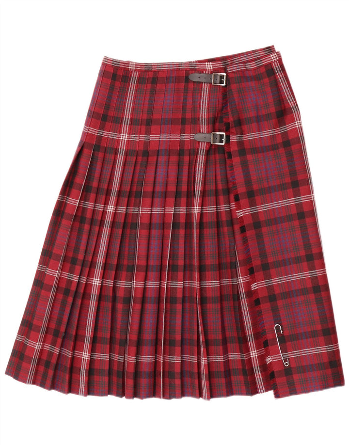 Saia feminina vintage plissada W30 lã xadrez vermelha média